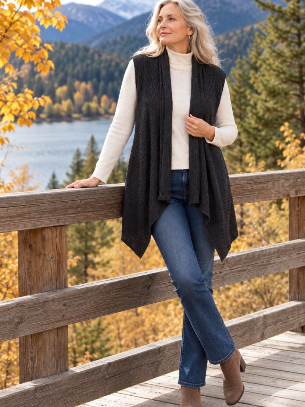 Eileen Fisher Merino Wool Draped Ribbed Vest Gray S